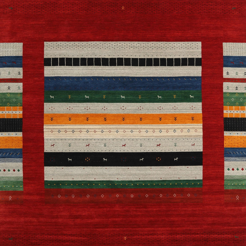 Tapis contemporain gris / rouge / vert, Carré 6 pi