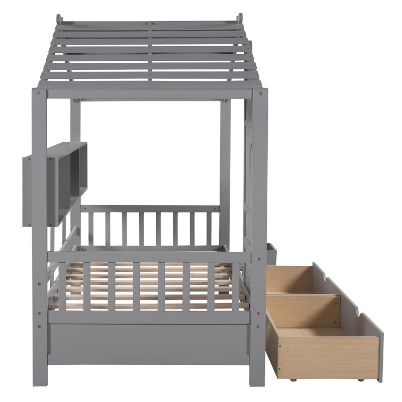 Lit simple en bois avec 2 tiroirs, lit pour enfant avec tablette de rangement, gris, Simple