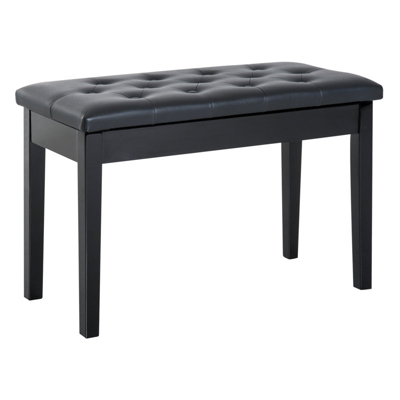 Black Piano Bench With Faux Leather And Wooden Frame For Duet Playing Keyboard Seat Upholstery -