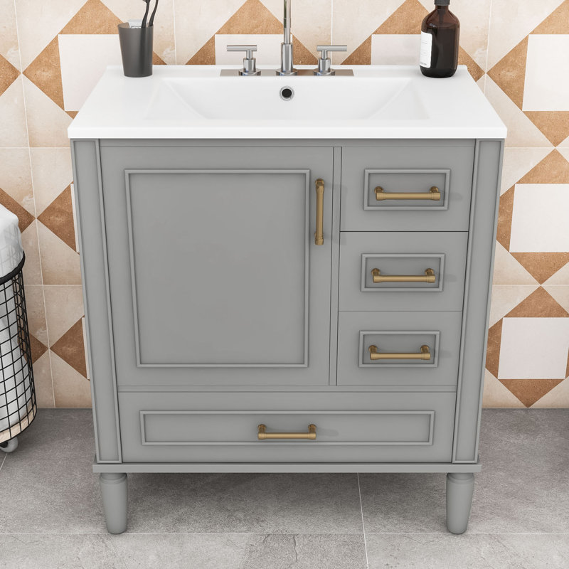 Meuble-lavabo simple autoportant en bois Genett avec grand rangement et lavabo en céramique, Gris