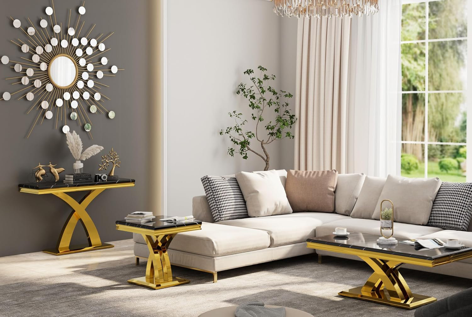 Everly Quinn 3 Piece Black And Gold Living Room Table Set | Wayfair