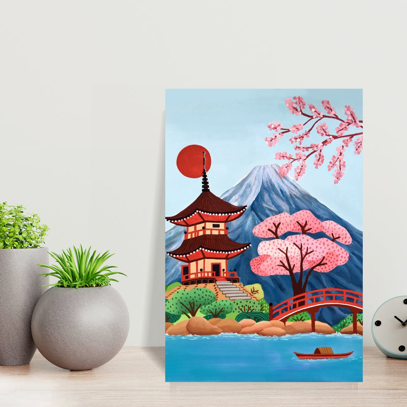 Japanese Pagoda Spring Landscape Contemporary Landscape Nature Wall Art Print by Nidhi Kachhadiya - Wrapped Canvas Print