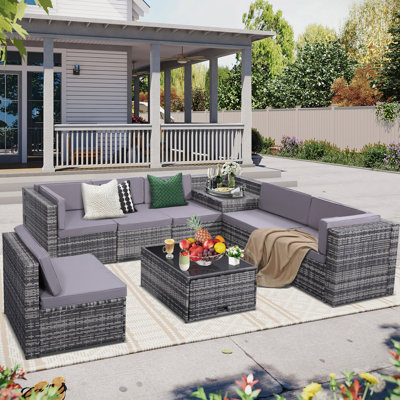 8-Piece Outdoor Wicker Rattan Patio Sectional Furniture Set with Thick Cushions, Hidden Storage Glass Top Table