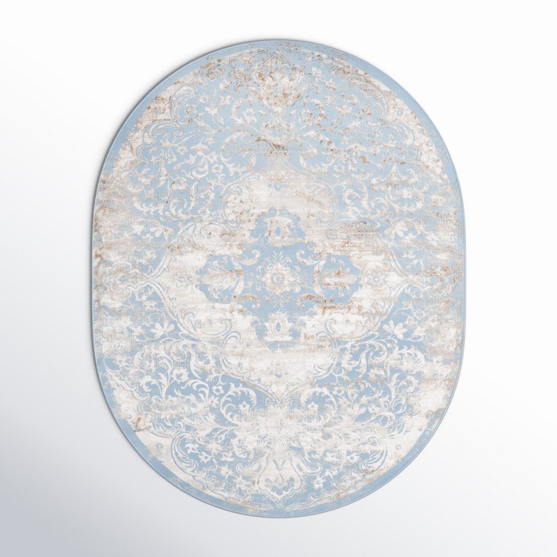 Tapis bleu sarcelle / beige Alamo, Ovale 7 pi 10 po x 10 pi