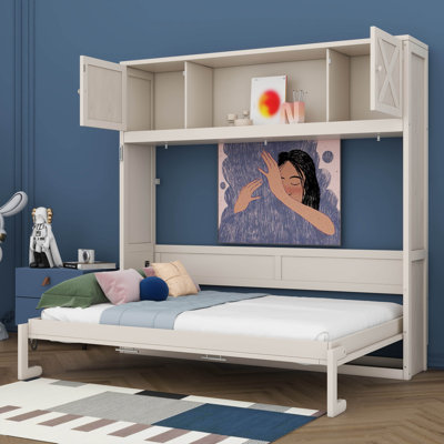 Lit escamotable horizontal avec armoires de rangement, cadre de lit mural pliable, lit escamotable en bois