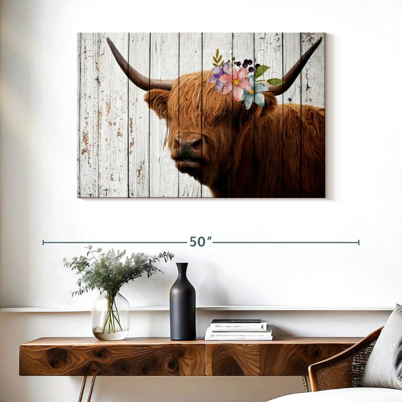 Brampt Wooden Floral Highland Cattle, 26" H x 39" W