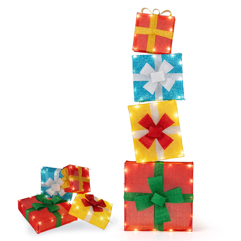 Multicolore boîtes de cadeaux de Noël empilables 4 pi avec DEL et boucles Gymax