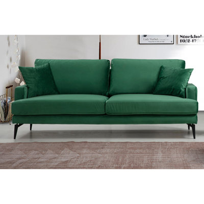 Stylish 3-Seat Sofa, Green Fabric, 80.7 x 35.4 x 34.6 inches | Beech Wood & Chipboard Frame, 100% Polyester, 28 DNS Soft Grey Foam, 2 Dry-Cleanable Cushions Included | Modern Hotel & Industrial Design with Matt Black Metal Legs