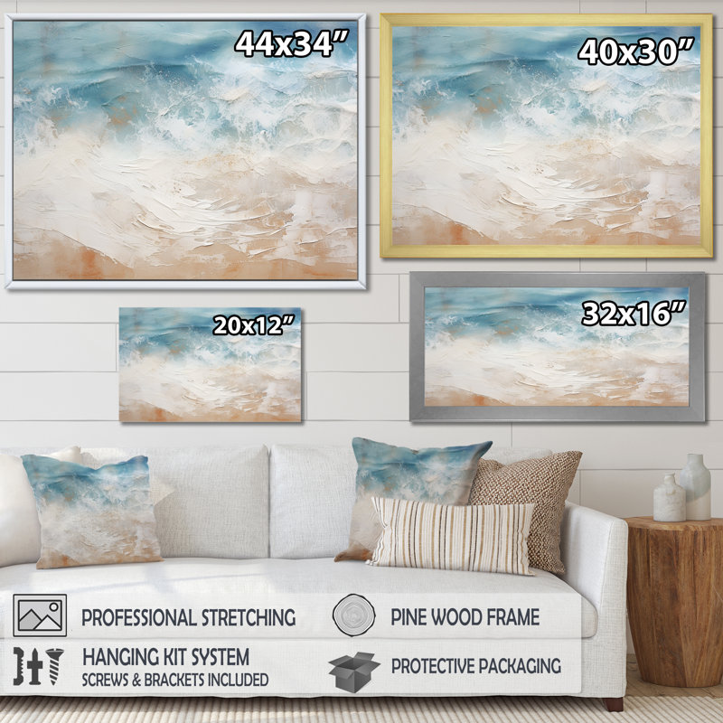 Vue aérienne moderne de sable bleu et beige moderne I - plage de sable de bord de mer, art mural, H 12 po x l 20 po x P 1 po