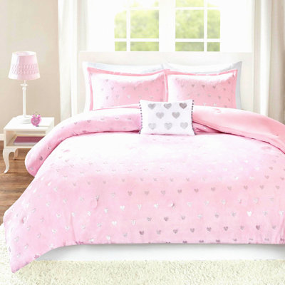 HeartGlow Comforter Set - Ultra-Soft Metallic Hearts Plush - Hypoallergenic Down Alternative - All Season Twin - Pink - 3 Piece