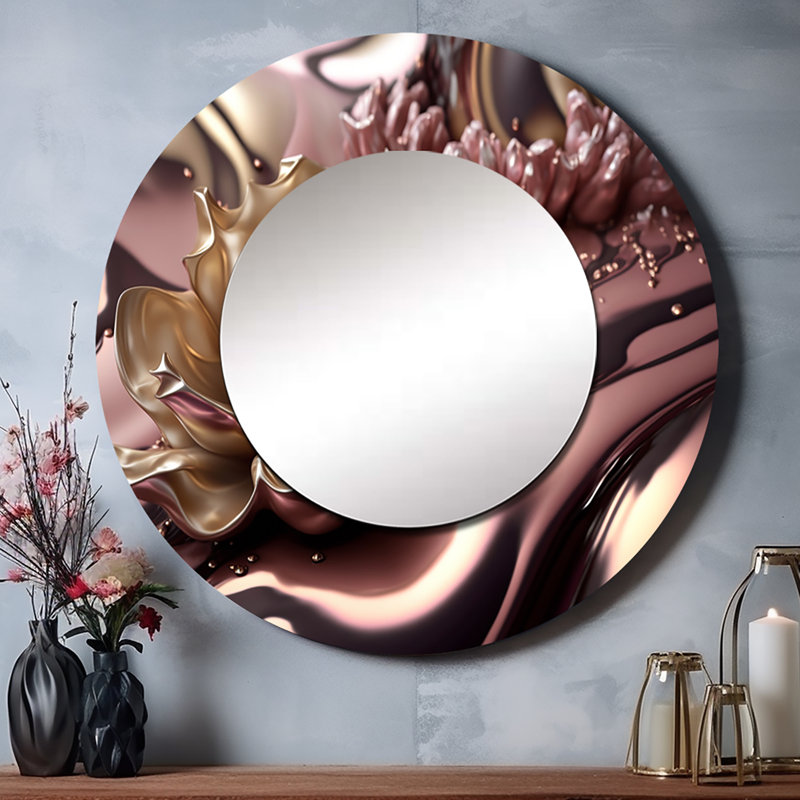 Fleurs roses et dorées Glam V - miroir floral, miroir mural rond traditionnel unique, impression d'art en métal