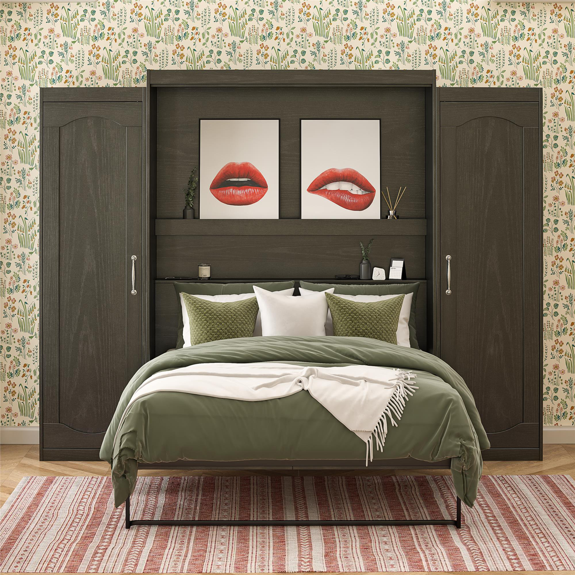 Queen Her Majesty Wall Bed Combo with 2 Side Storage Wardrobes Black Oak - Novogratz