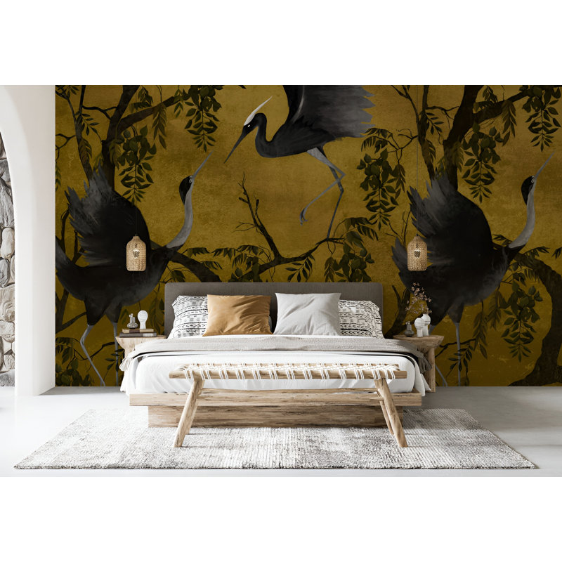Murale de papier peint vert olive foncé avec motif de branche d'arbre botanique