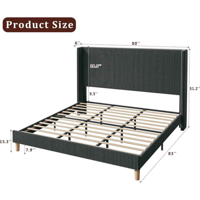 Upholstered Bed Frame With Tall Headboard, King, Black
