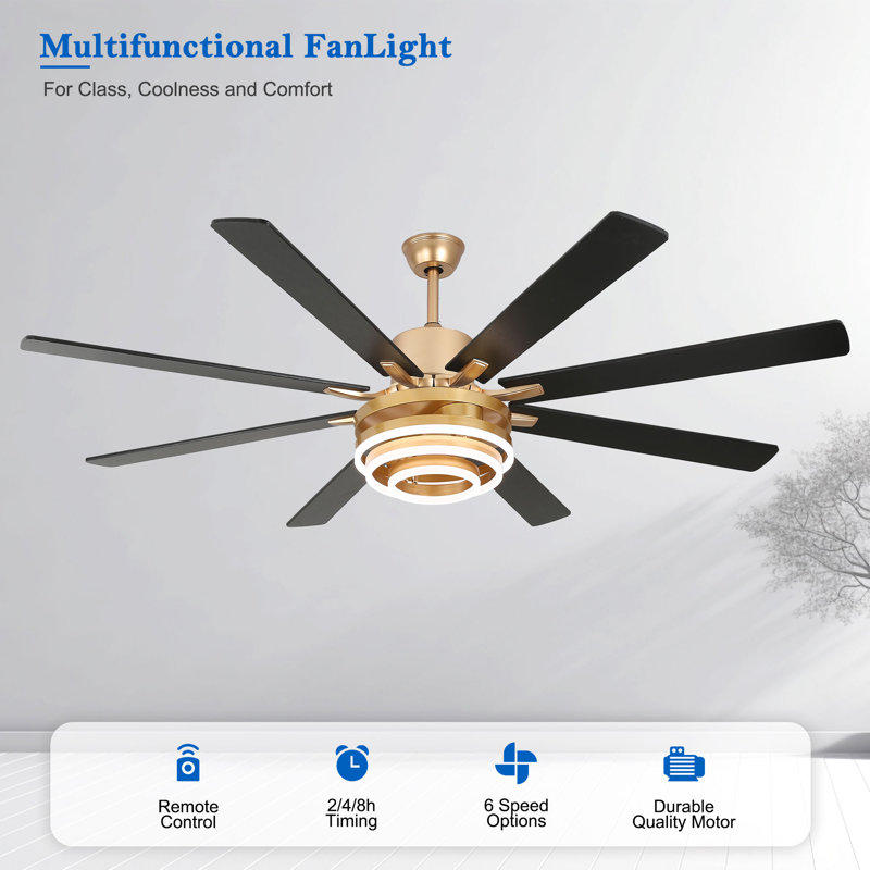 Ventilateur de plafond 72 "moderne grand or 72" avec lumière DEL à intensité variable et télécommande pour moteur silencieux réversible 6 vitesses