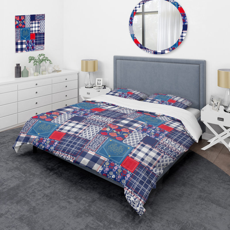 Patchwork bleu et rouge - ensemble de housse de couette abstrait - microfibre de polyester
