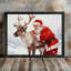 Art mural rétro de Noël noir - Père Noël et renne, décor de fête avec peinture à l'huile classique, impressions encadrées-751553254