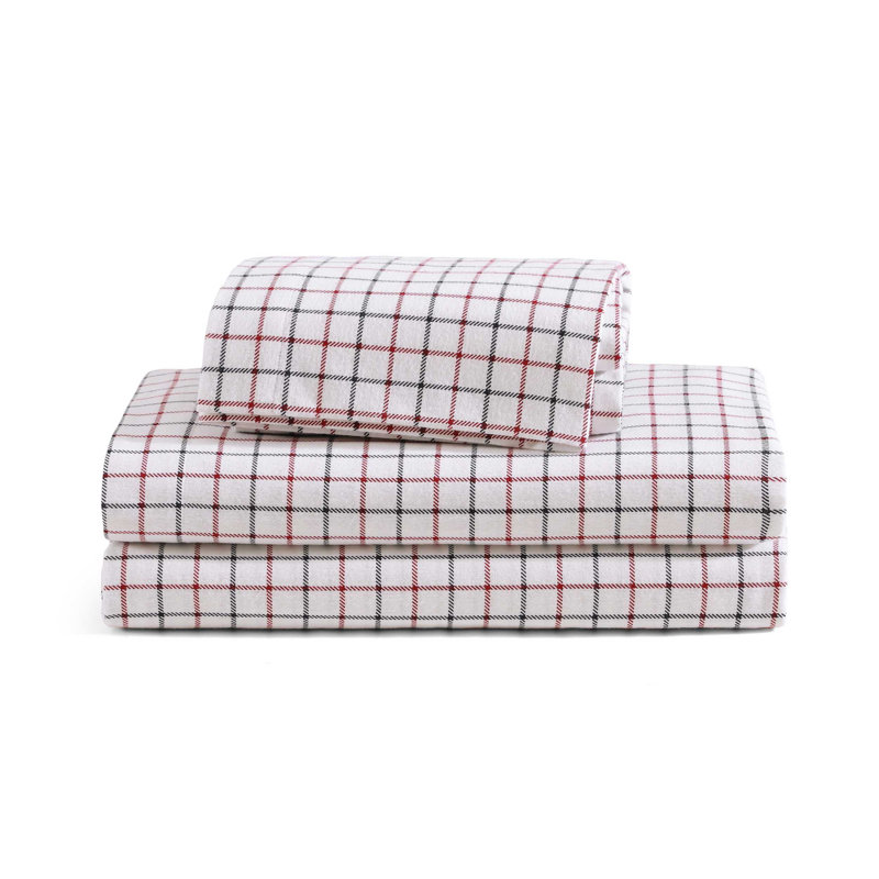 Tommy Hilfiger Tompkins Windowpane Blue Cotton Flannel Sheet Set, Queen Sheet Set with 2 Pillowcases, Blue/White Plaid