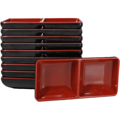 Pack Of 10 Red And Black Melamine Dipping Sauce Or Condiment 2 Partition Dishes