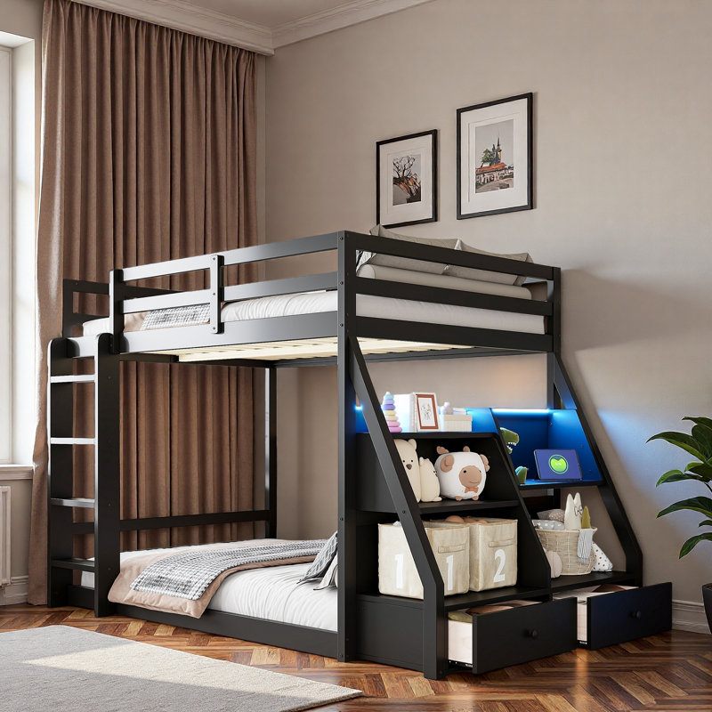 Bunk Bed With App-controlled Led Lights, Charging Hub, Storage Shelves And 2 Drawers, Twin Over Full, Black