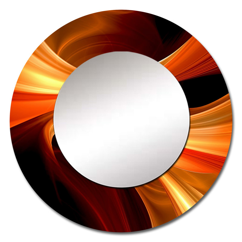 Orange Abstract Warm Fractal Design I - Fractals Wall Mirror, Modern Round Decorative Mirror, Printed Metal Art, 23" x 23"