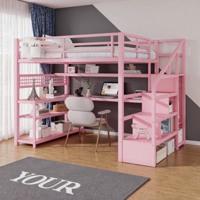 AVELOR Full Size Kids Loft Bed with Staircase Storage, Built-in L-Shaped Desk, Wardrobe & LED Light Kit - Workspace & Wardrobe Included