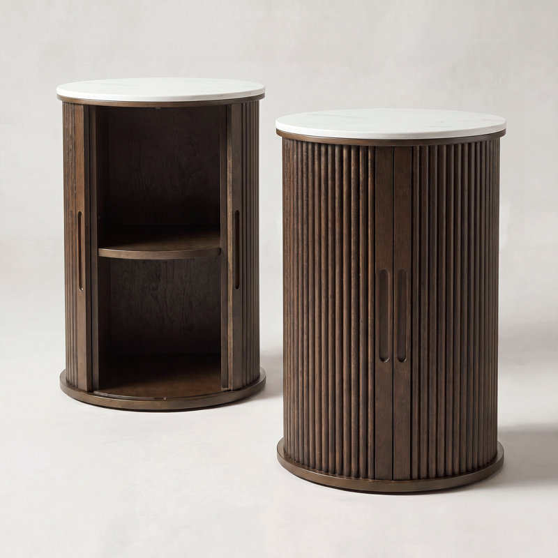 Fluted Round End Table&Nightstands with Storage Set of 2, Brown