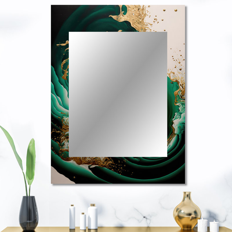 Emeraude vert et or abstrait vagues IV - grand miroir spirales abstraites, miroir mural décoratif vert, art imprimé en métal