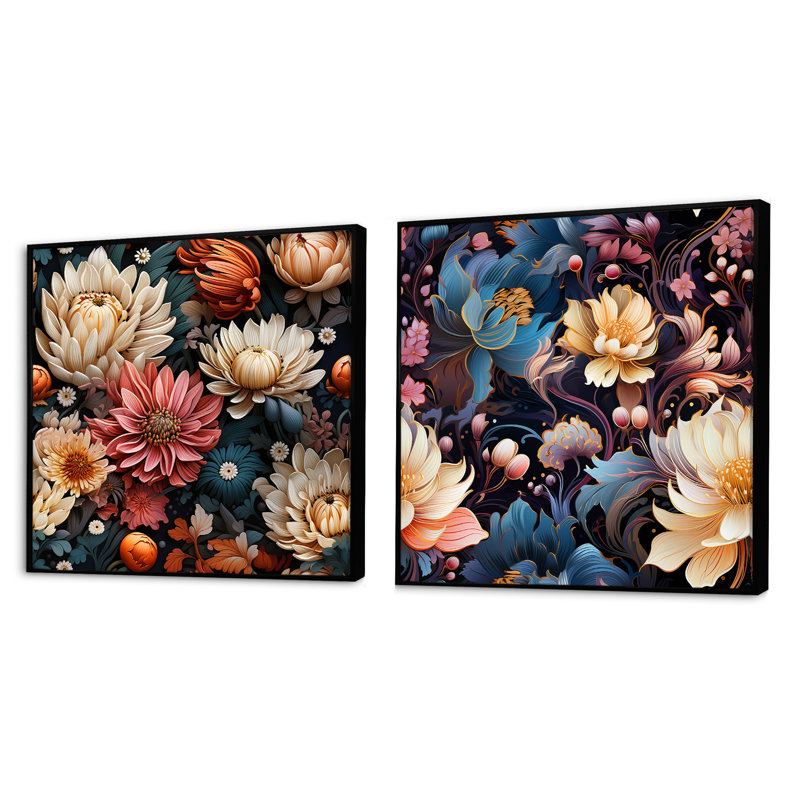 Gorecki - Ensemble de 2 collages floraux carrés, Cadre flottant noir, H 16 po x l 33 po