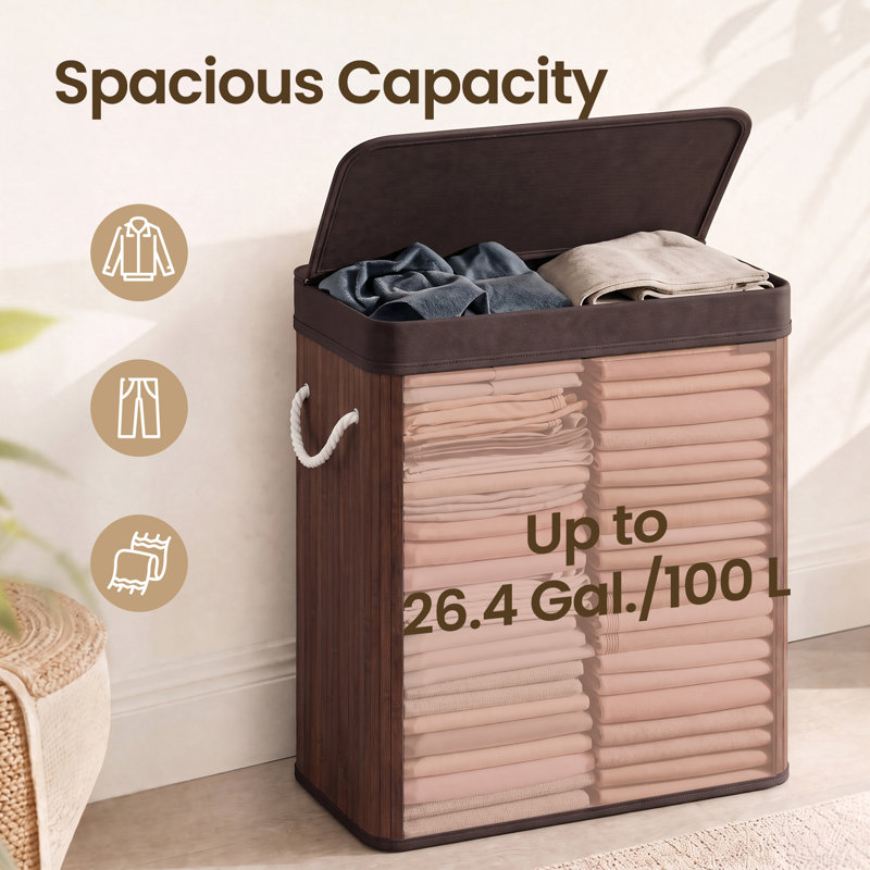 Bamboo Laundry Basket, Brown, 24.4" H x 22" W x 13.8" D