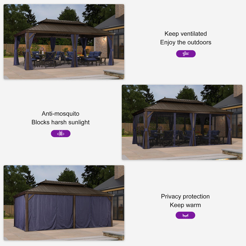 Purple Leaf Hardtop Gazebo Canopy With Netting And Curtains, With 48 Ft String Lights, 120.9" H x 240" W x 135" D