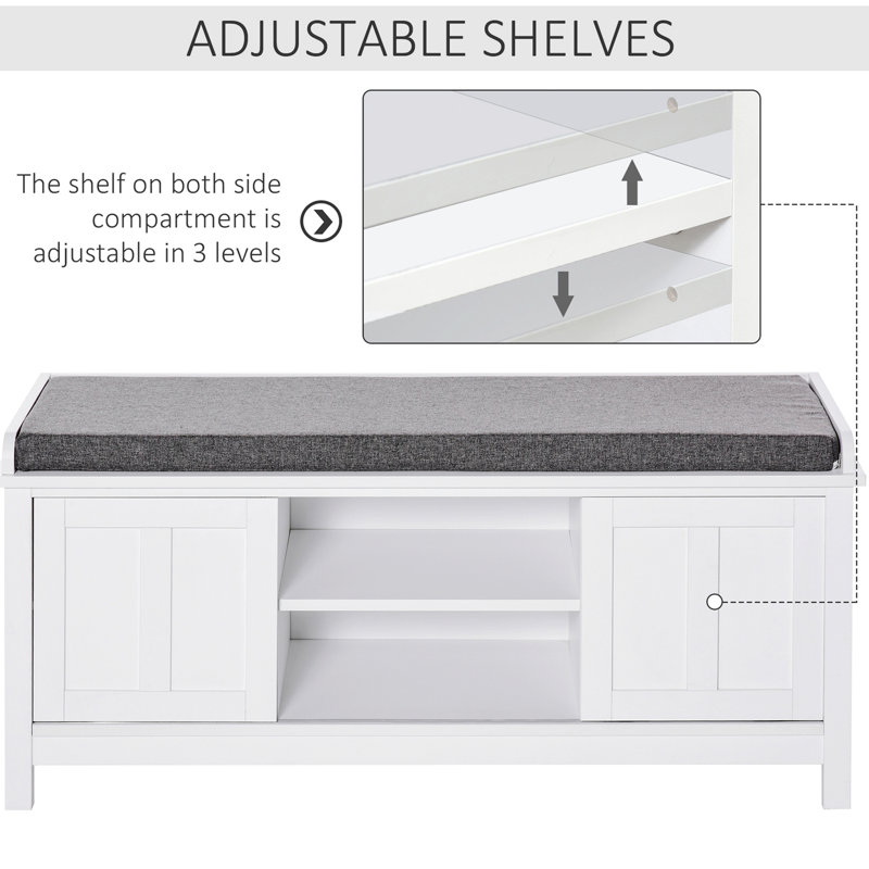 Entryway Shoe Bench, Storage Ottoman Bench With Adjustable Shelf, White