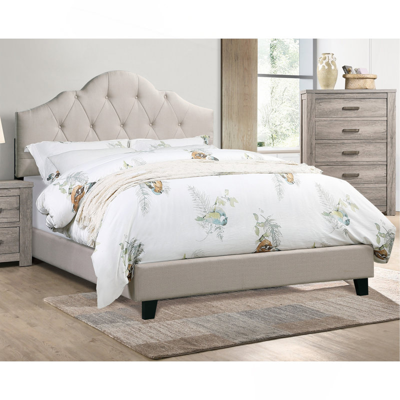 Mobilier de chambre à coucher contemporain avec cadre de lit tapissier rembourré en polyfibre brun clair, Lit double