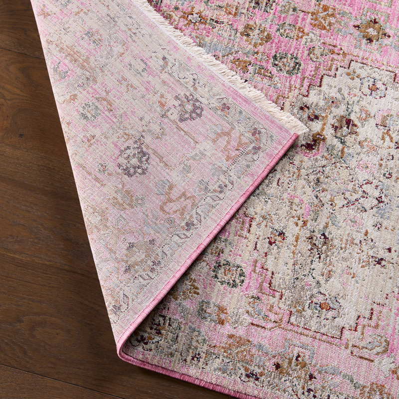 Tapis d'intérieur rose / gris à motif d'inspiration rétro Finnuala, Rectangle de 10 pi x 14 pi