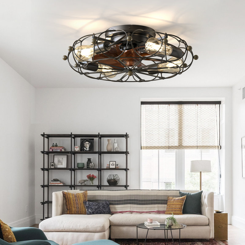 20" Low Profile Caged Flush Mount Ceiling Fan With Light And Remote Control, 6-Speed Reversible, Black