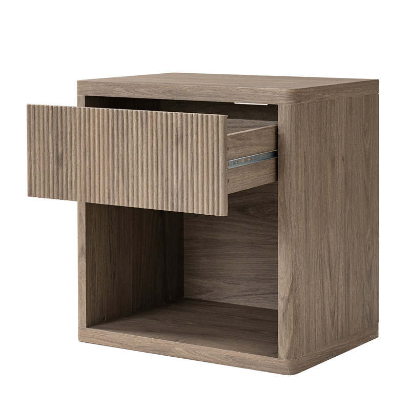 Table de chevet grise en aulne gris avec grand tiroir et tablette ouverte, table de chevet large moderne avec panneau à forme d'ondes, table de bout courbée Mid-Century pour chambre à coucher, salon, bureau