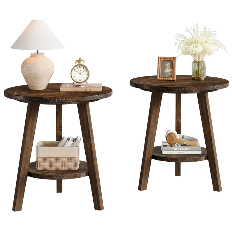 Solid Wood Round Side Table Set Of 2, 2-Tier End Table With Storage Shelf, Dark Brown