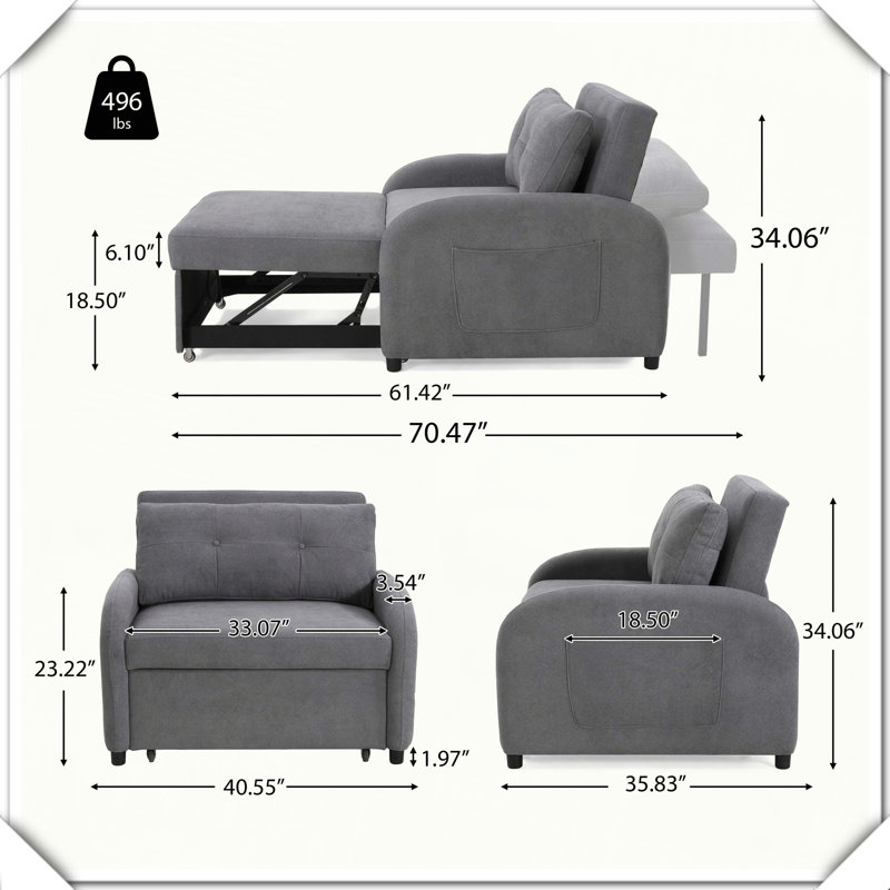 Canapé-lit convertible 3-en-1 avec coussin et poche, Gris