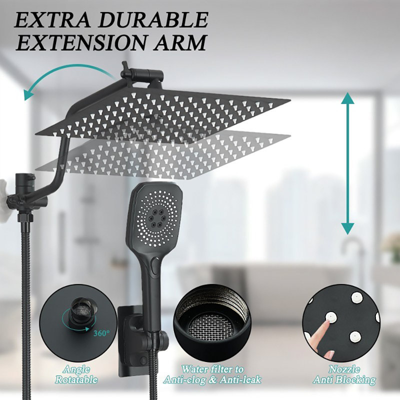 Pomme de douche à pluie haute pression 10 po noir mat avec bras réglable