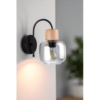 Elegant Wall Lamp with Metal Body & Glass Cap, Grey & Oak & Black Finish, 11.8 x 5.1 inches | E27 Socket, Max 40W (Bulb Not Included) | Stylish Lighting for Living Room, Bedroom, or Office Decor