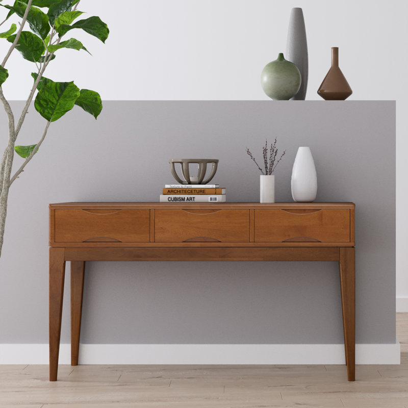 Harper 54"W Solid Wood Mid-Century Modern Sofa Table with 3 Drawers, Notched Handles and Tapered Legs, Teak Brown