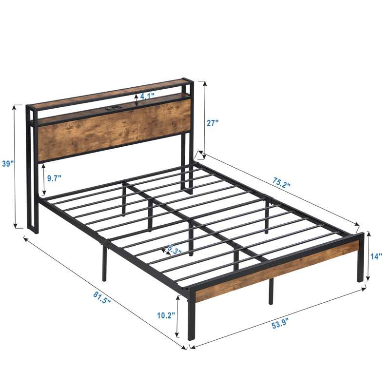 Full Size Metal Platform Bed Frame With Wooden Headboard And Footboard With USB LINER, LED Lights, No Box Spring Needed, Large Under Bed Storage, Easy Assemble
