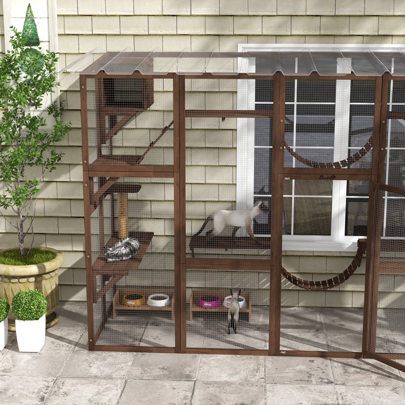Catio Playground Cat Window Box Outside Enclosure, Outdoor Cat House With Weather Protection Roof For Multiple Kitties, Wooden Frame, Shelves & Bridges, 118" X 37.5" X 74"