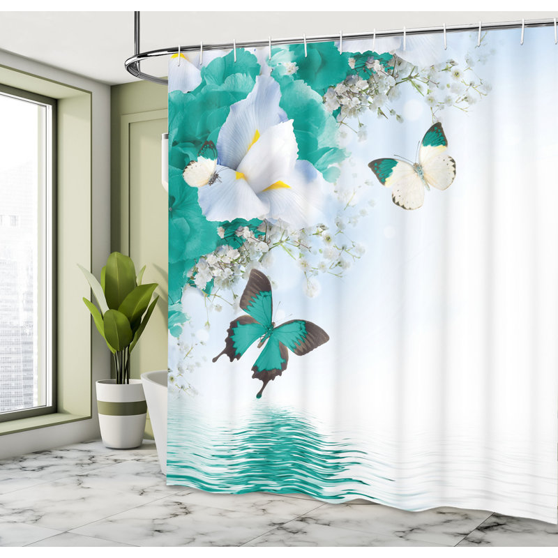 Ensemble de rideau de douche floral et crochets, Écume de mer sombre, H 70 po x l 69 po