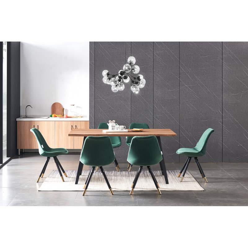 Gwawr 6 Person Dining set - a Rectangular Wooden Dining Table with Metal Legs and a Set of 6 Quilted Velvet Dining Chairs for Dining Room - Modern Dining Table Set