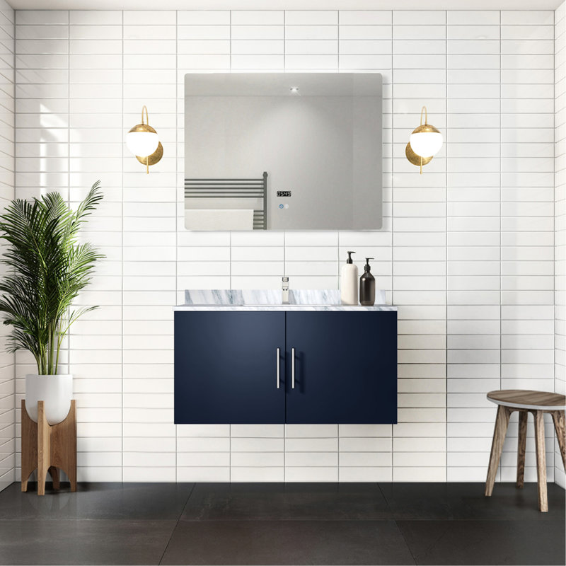 Meuble-lavabo bleu marine avec comptoir en marbre Miroir - Tiroir spacieux et durable, mécanisme de fermeture en douceur, espace de rangement, glissière