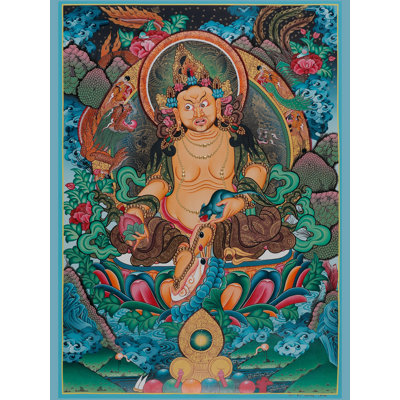 Thangka sans-dieu Kubera, dieu de la richesse | Art mural bouddhiste tibétain peint à la main Prosperity | Décoration à or 24 carats (24 po x 16,5 po)