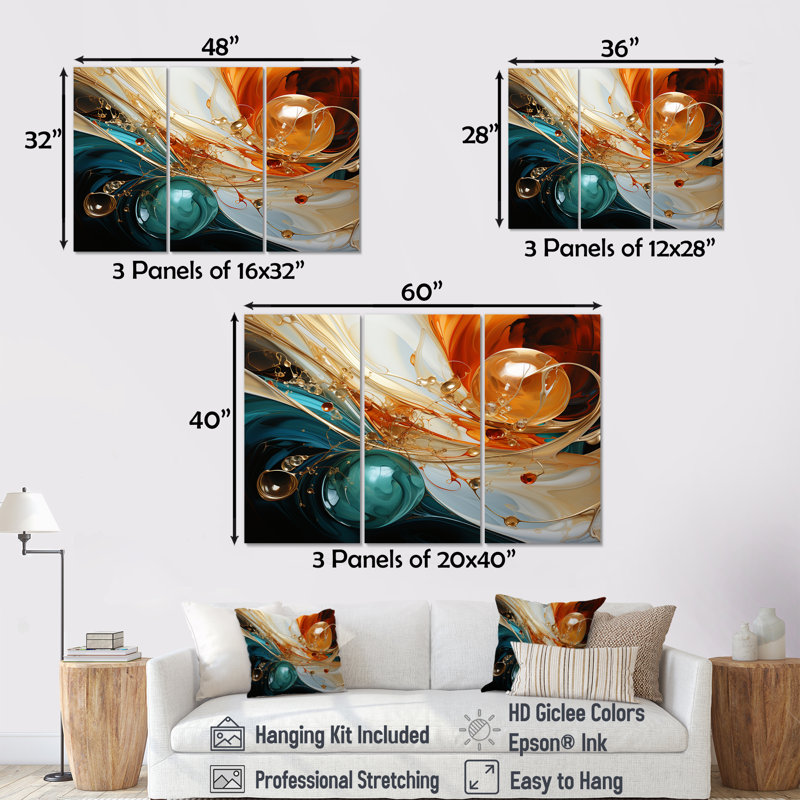 Orange et marbre émeraude II - art mural abstrait, Toile tendue, H 32 po x l 48 po x P 1 po