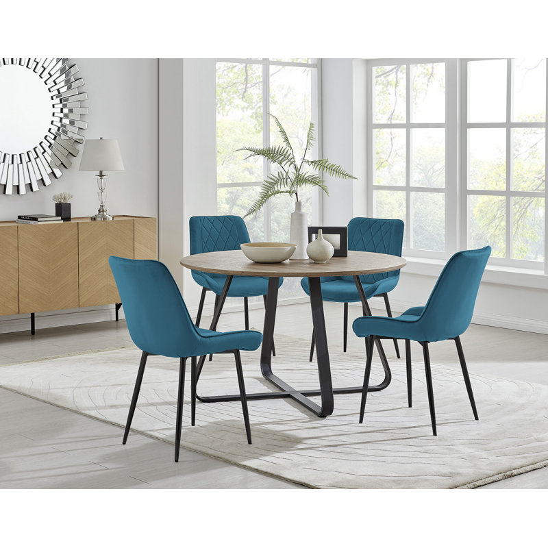 Venedocia Round Wood Effect Dining Table & 4 Luxury Velvet Dining Chairs, Blue/Black