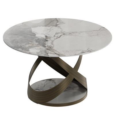 Modern 51'' Round Ceramic Stone Top Dining Table with Interwoven Metal Pedestal Base for 4-6 People